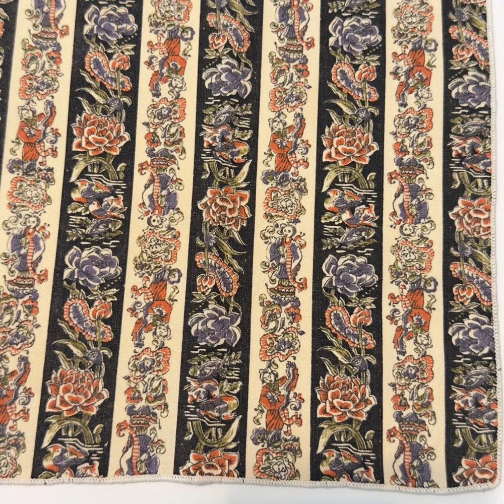 Vintage Chinoiserie Stripe Cloth Napkins Set of 7 Navy Cream Floral Birds 16x16